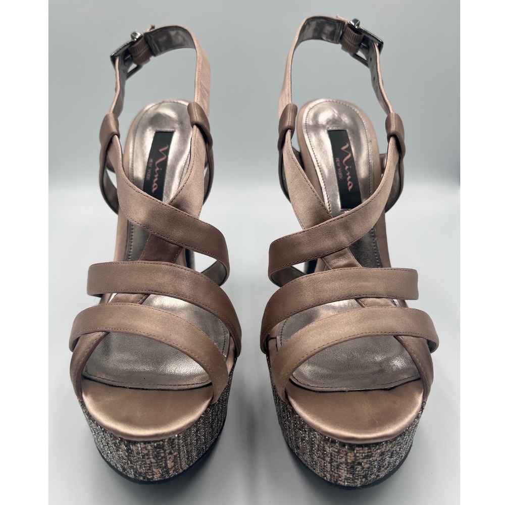 Nina Pallie Champagne Satin Platform Heels Womens 8.5 Strappy Ankle Strap